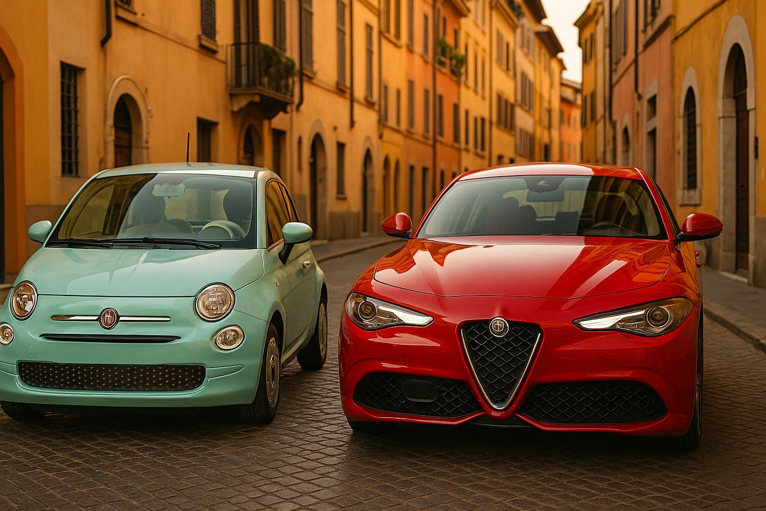 石畳の街並みに並ぶフィアット500とアルファロメオ・ジュリア